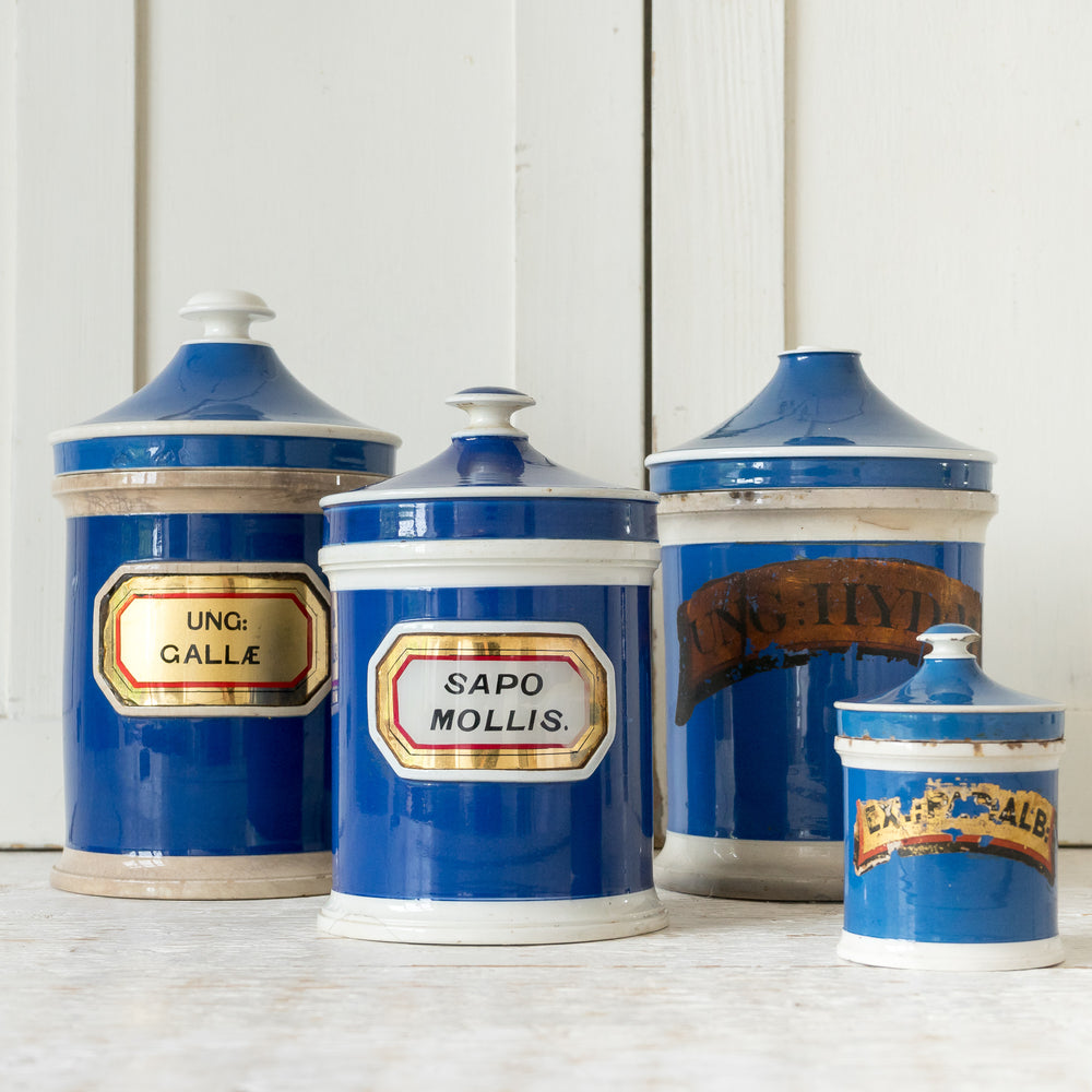 ANTIQUE BLUE CERAMIC APOTHECARY JARS