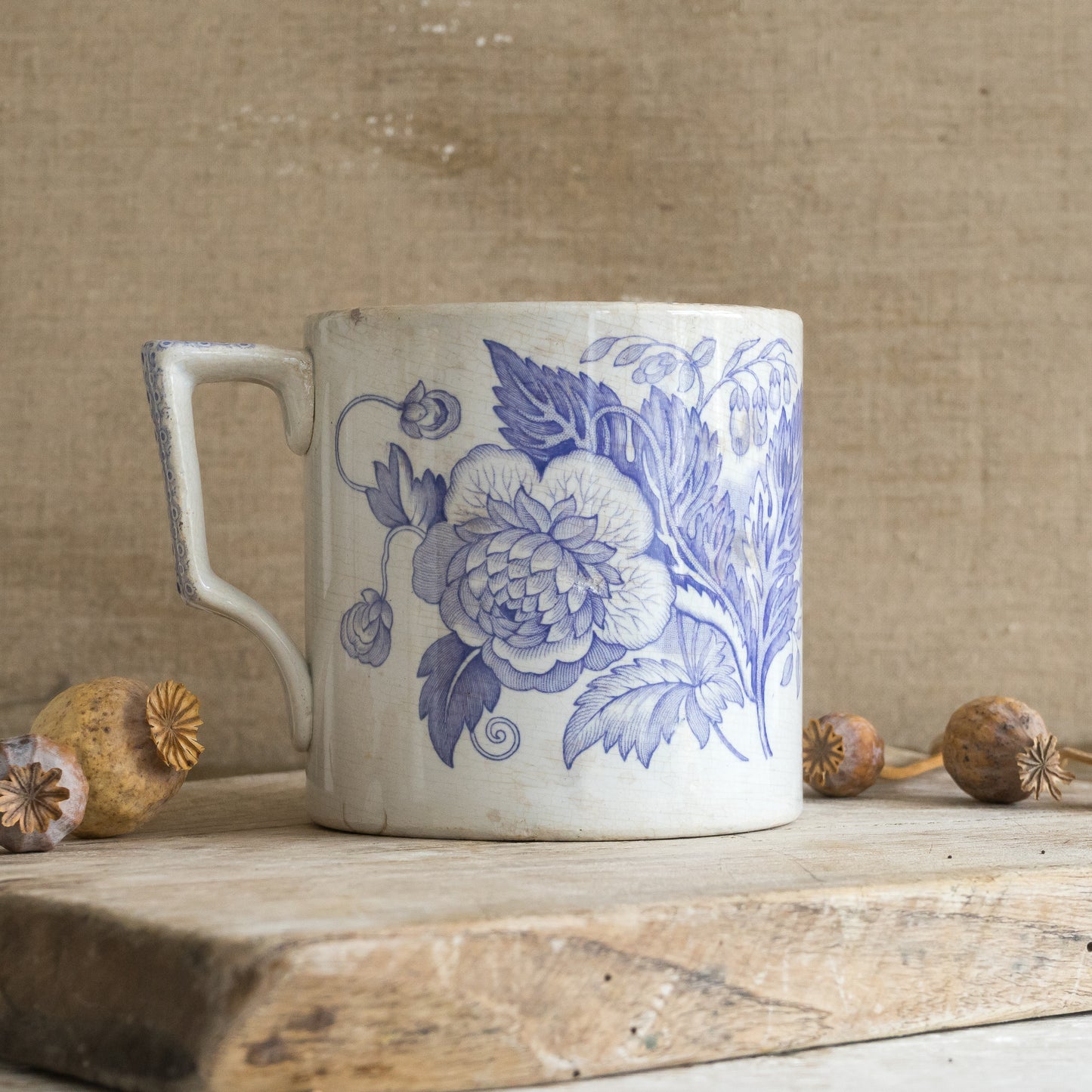 Antique Floral Blue and White Mug