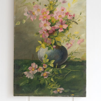 Antique Oil Painting of Dog Roses in a Vase