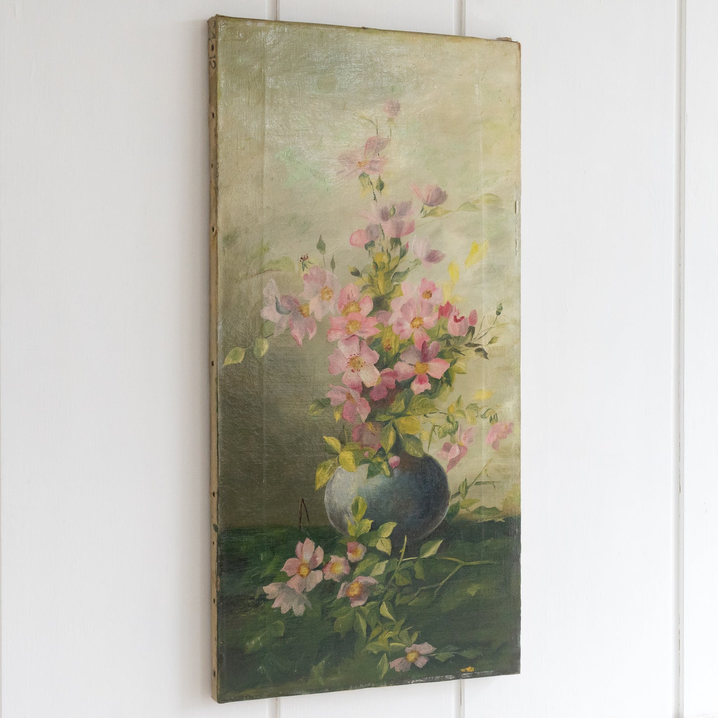 Antique Oil Painting of Dog Roses in a Vase