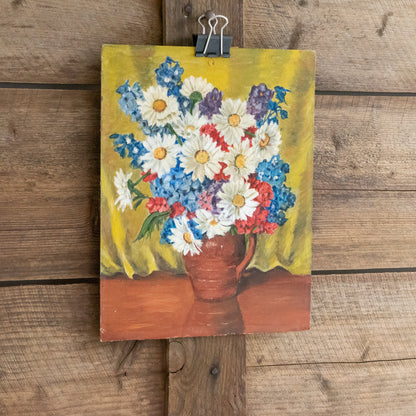 Bright Vintage Floral Oil on Board