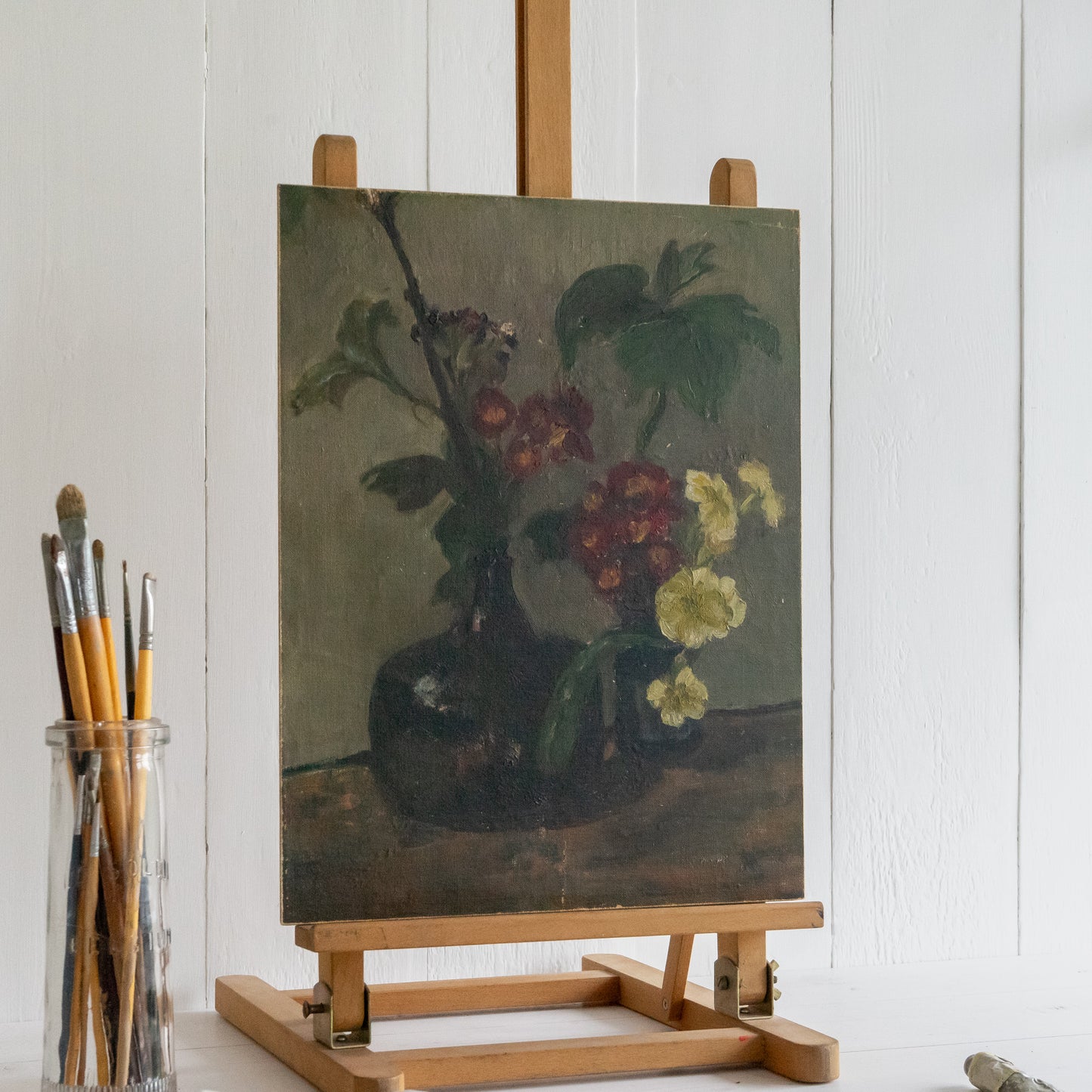 Dark Floral Oil on Board Painting