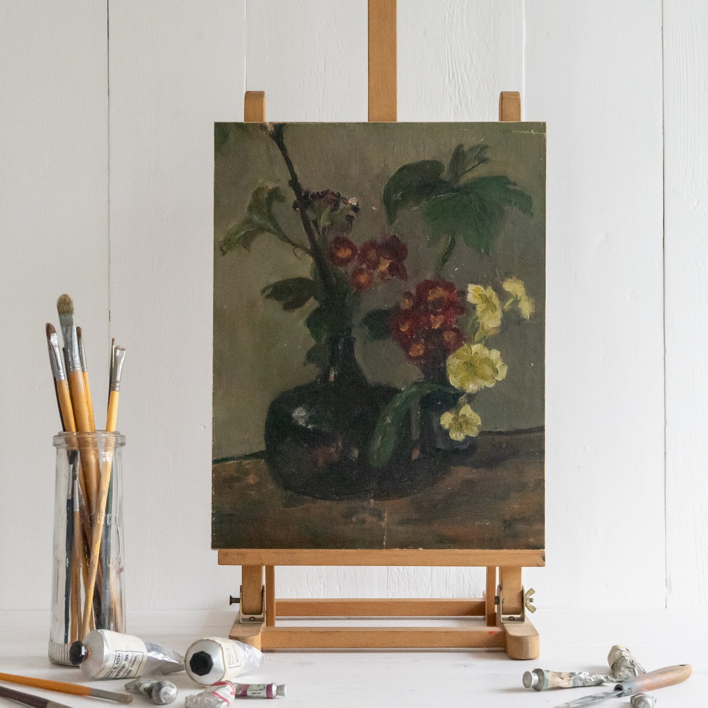 Dark Floral Oil on Board Painting