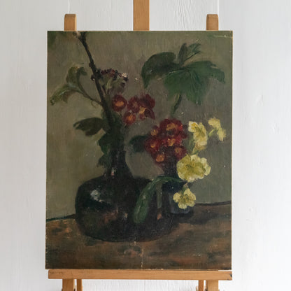 Dark Floral Oil on Board Painting