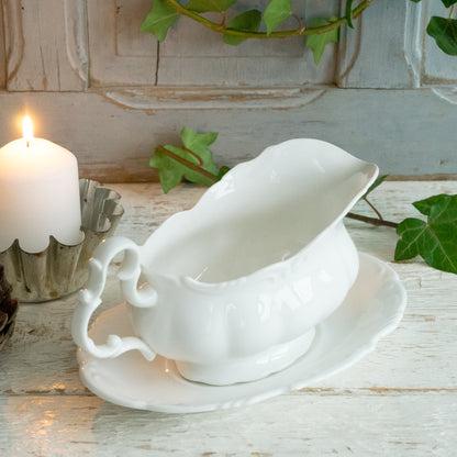 Decorative White China Sauce Boat and Saucer