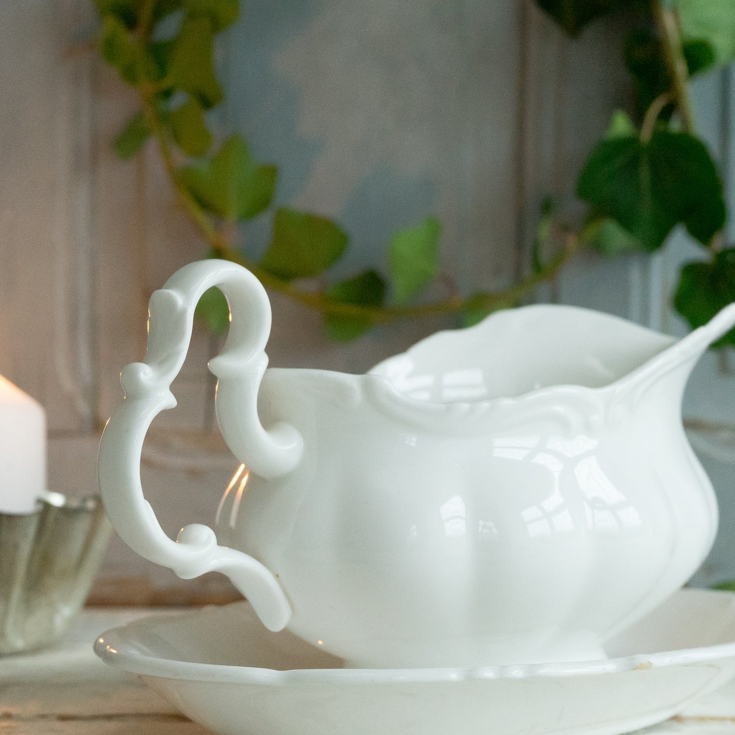 Decorative White China Sauce Boat and Saucer