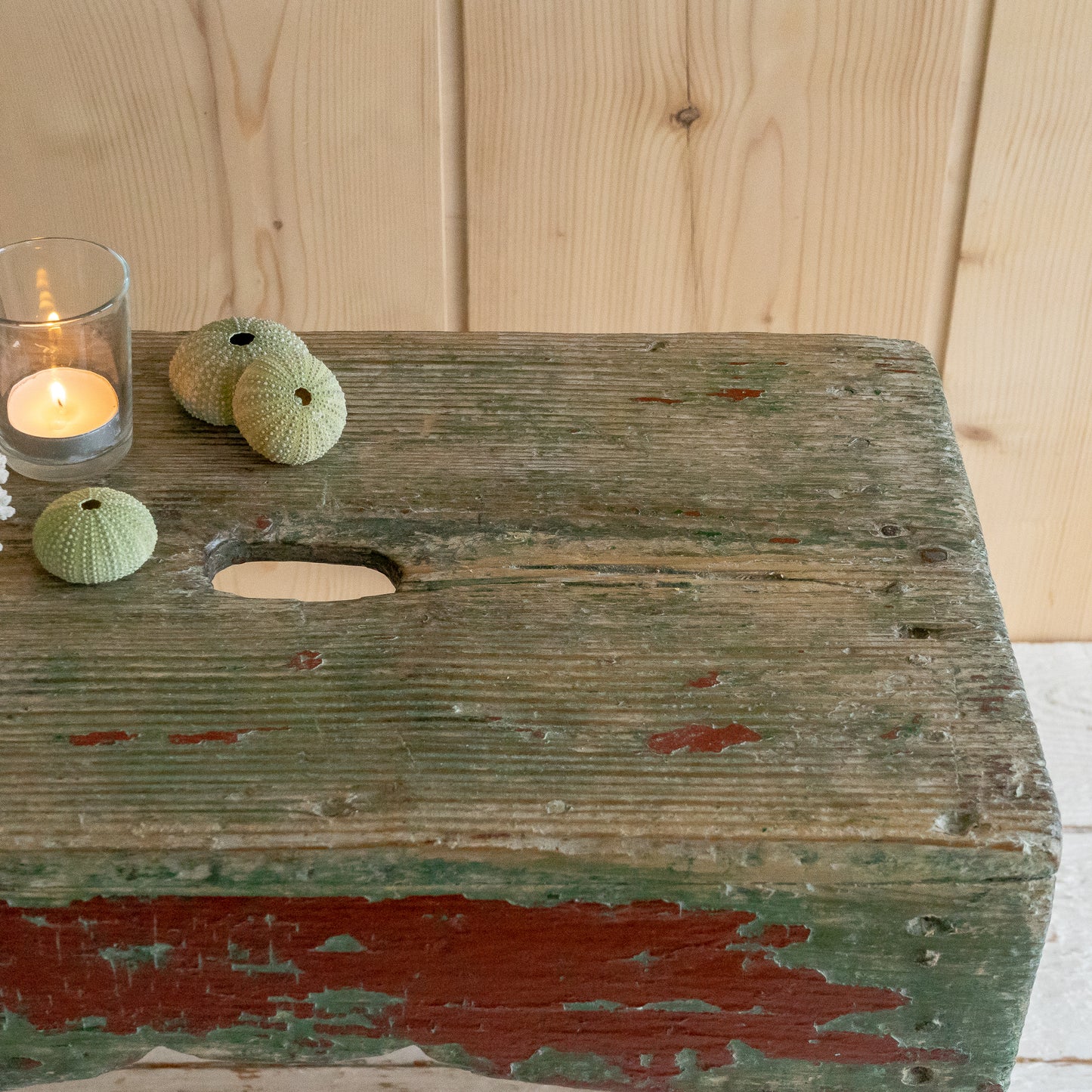 Fabulous Rustic Green and Red Painted Wooden Stool