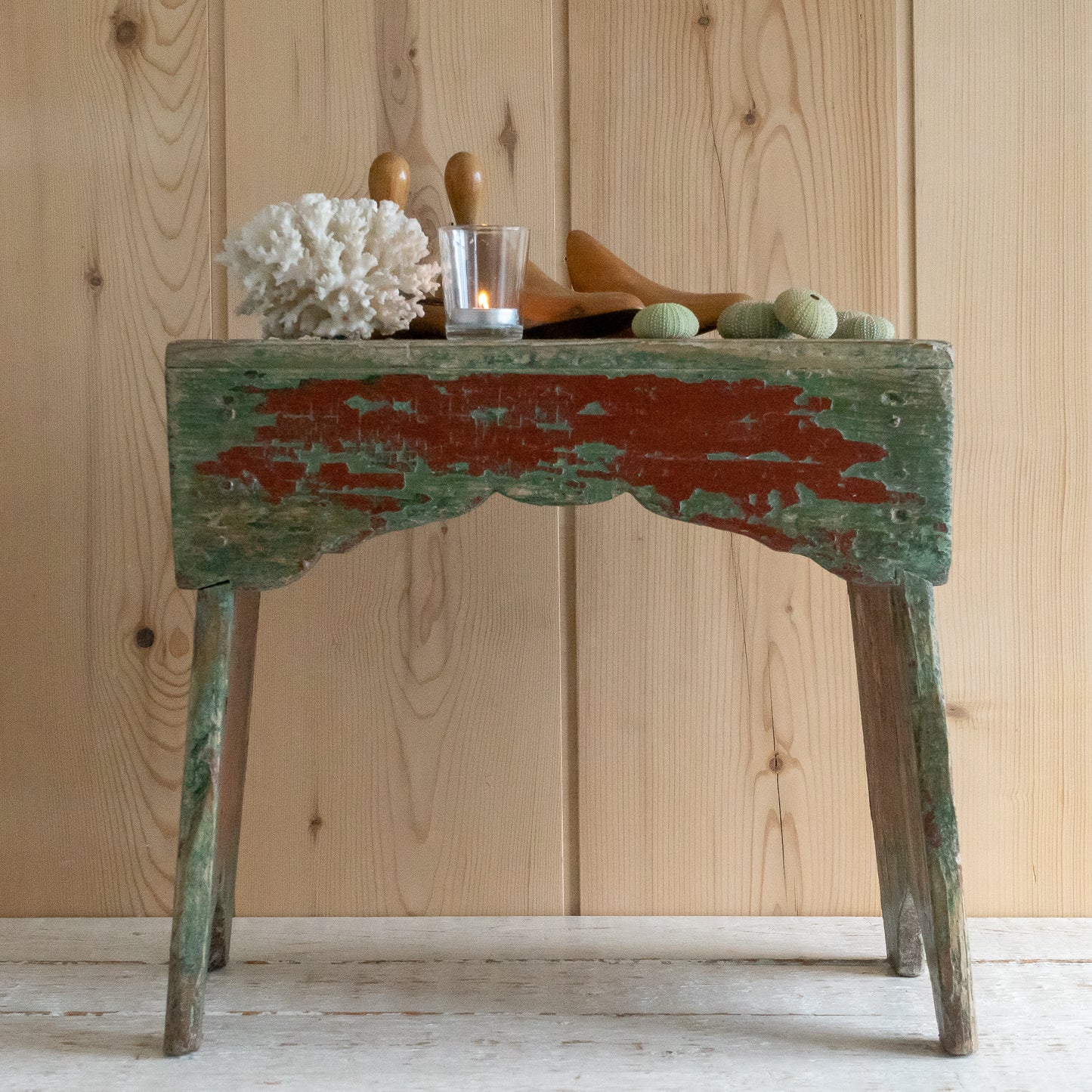 Fabulous Rustic Green and Red Painted Wooden Stool