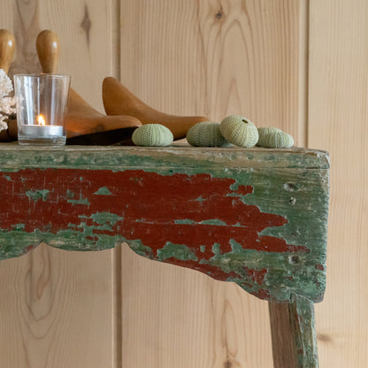 Fabulous Rustic Green and Red Painted Wooden Stool