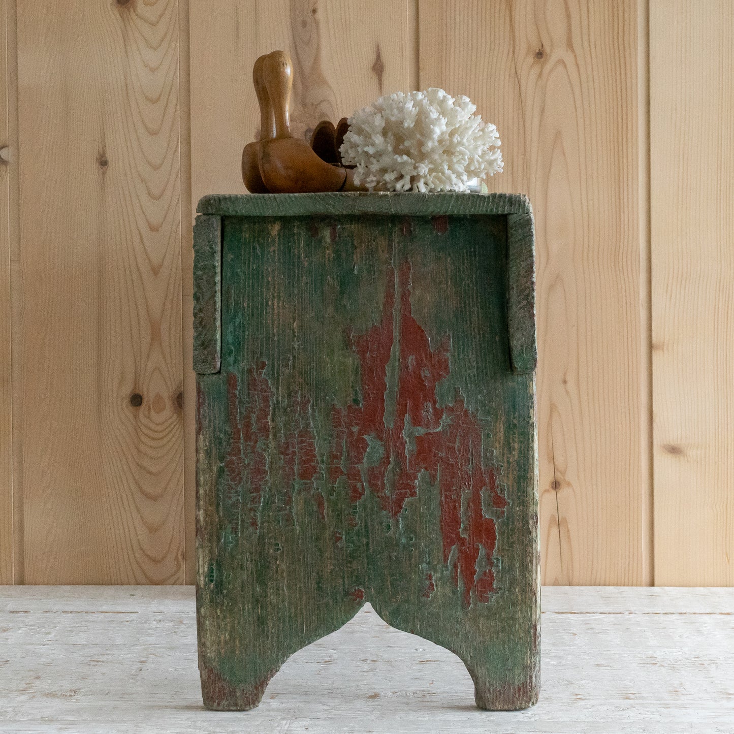 Fabulous Rustic Green and Red Painted Wooden Stool