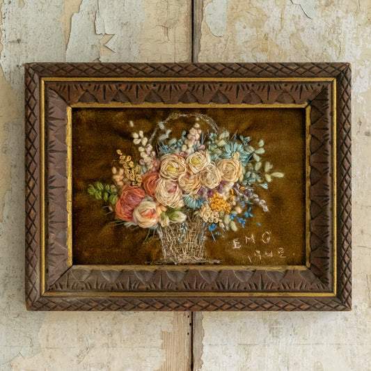 Framed Embroidery of Flowers in a Basket