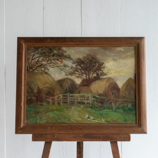 Framed Oil on Board Painting of Hay Bales and a Farm
