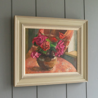Framed Oil Painting of Roses in a Vase