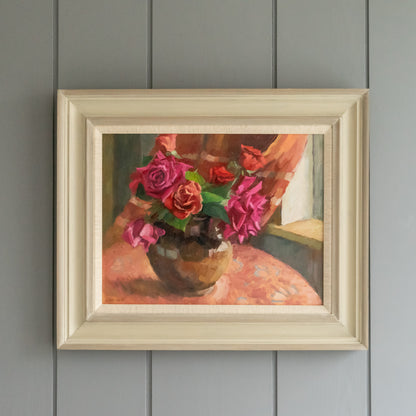 Framed Oil Painting of Roses in a Vase