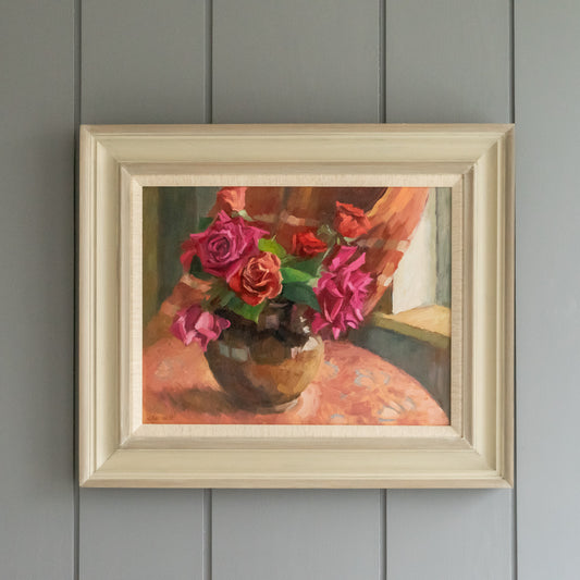 Framed Oil Painting of Roses in a Vase