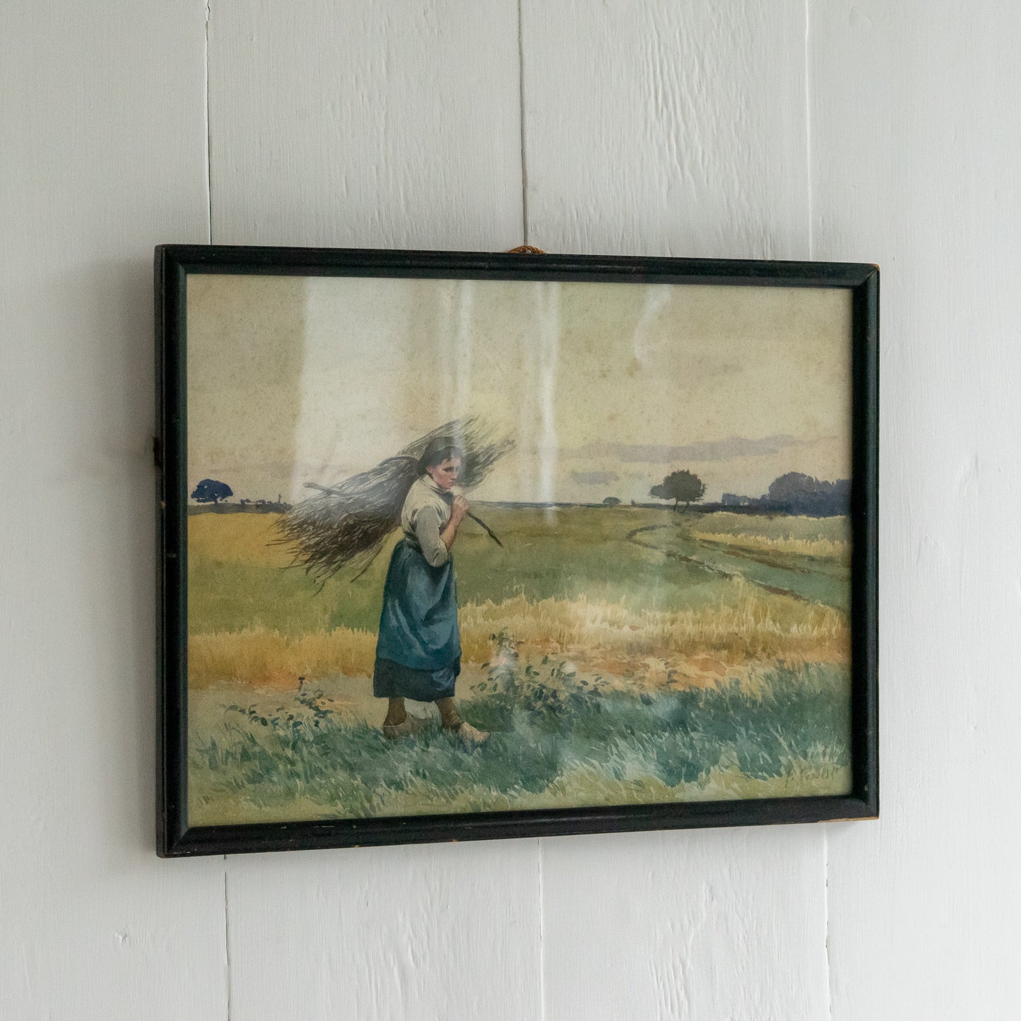 Framed Watercolour of a Young Girl out in a Field