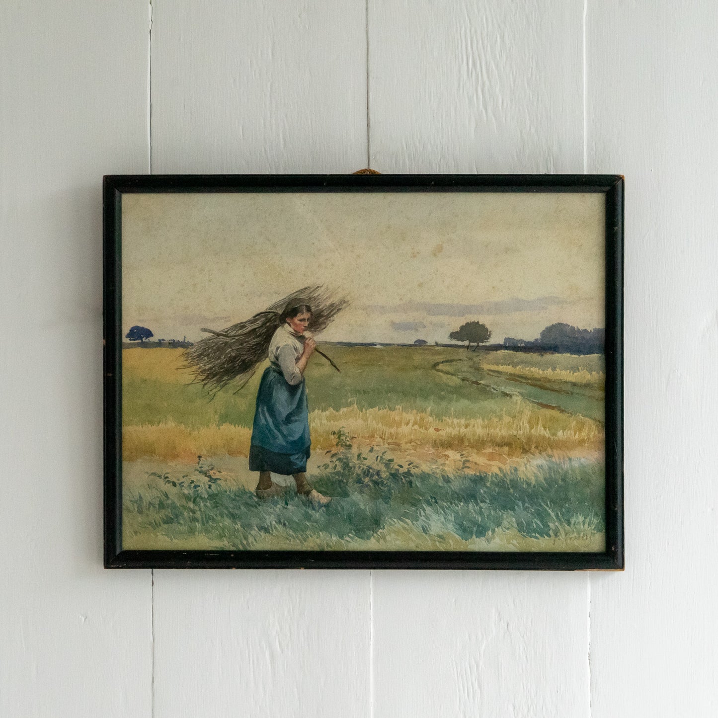 Framed Watercolour of a Young Girl out in a Field