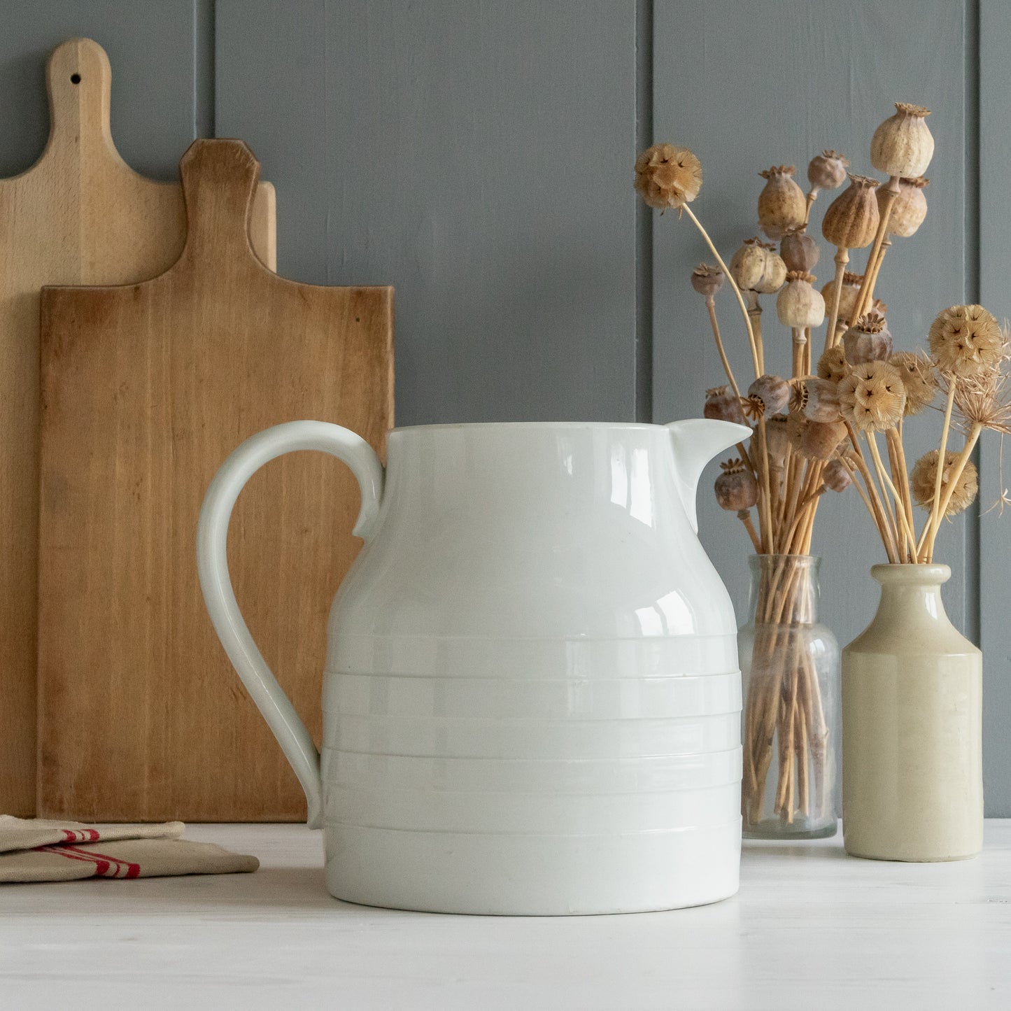 Large Edwardian White Ironstone Banded Dairy Jug