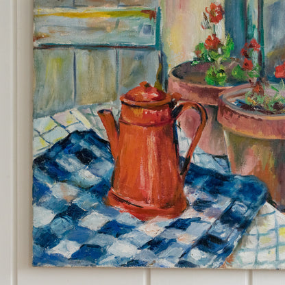 Still Life Oil Painting of Geraniums and Coffee Pot