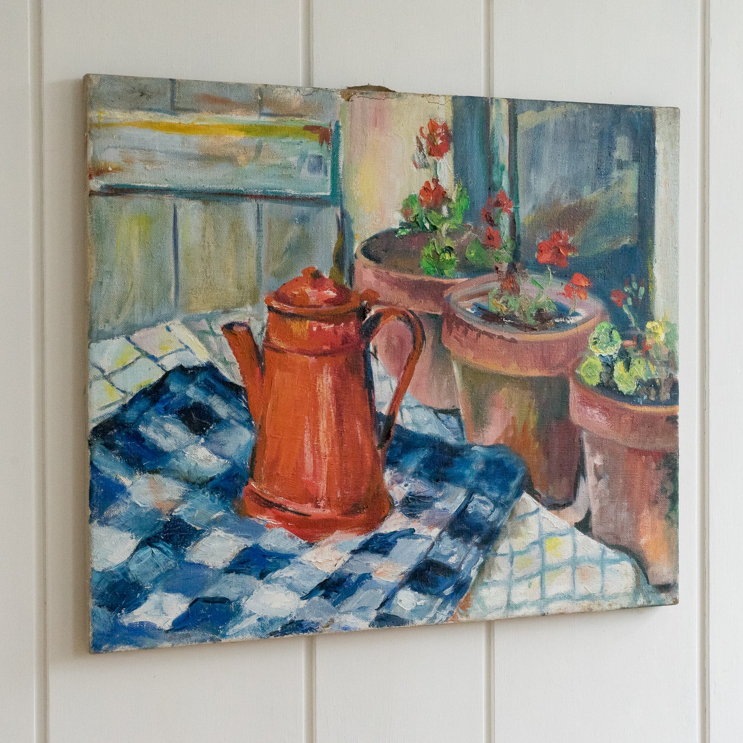Still Life Oil Painting of Geraniums and Coffee Pot