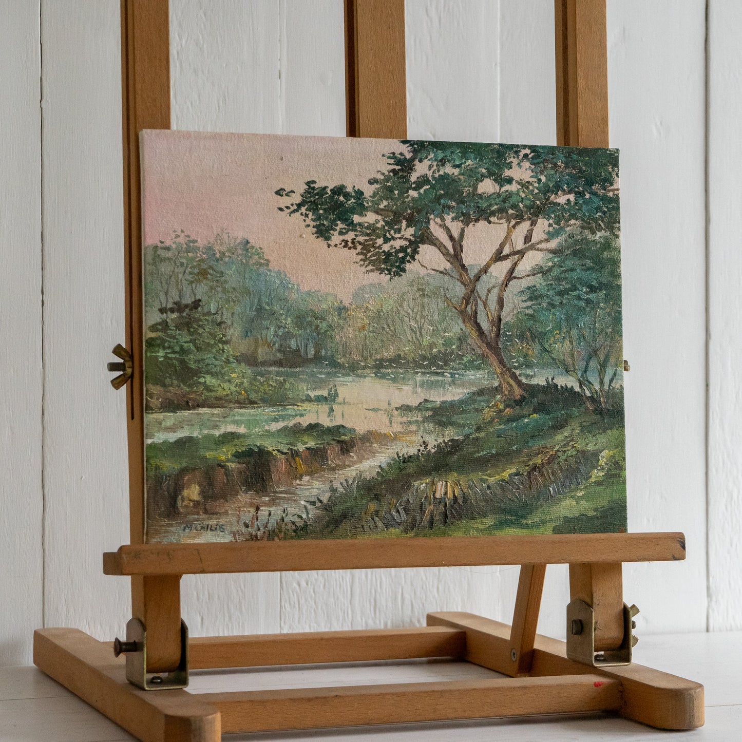 Little Oil on Board Painting of a Tree by Water