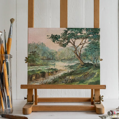 Little Oil on Board Painting of a Tree by Water