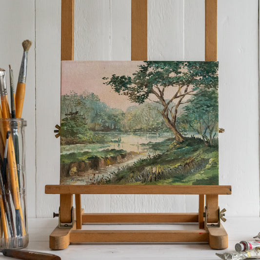Little Oil on Board Painting of a Tree by Water