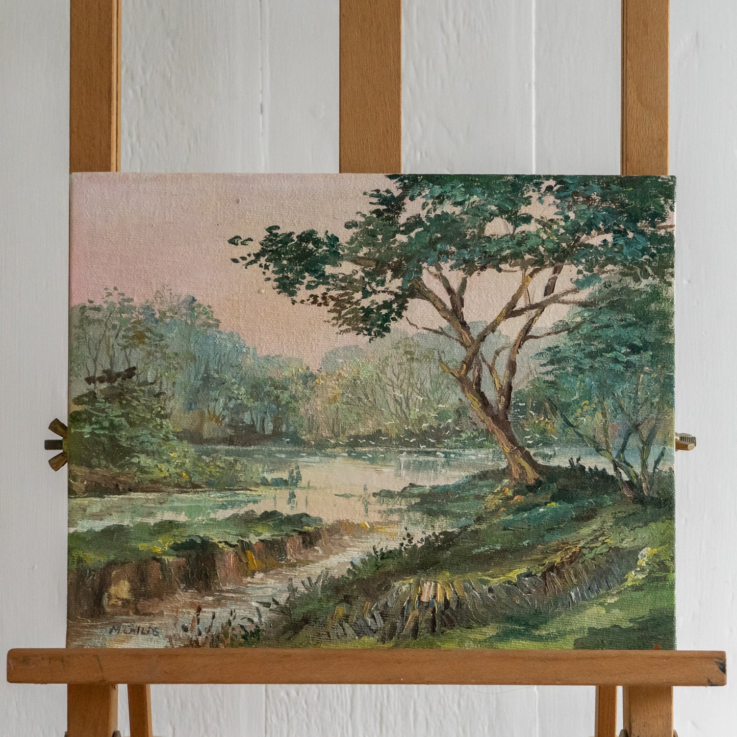 Little Oil on Board Painting of a Tree by Water