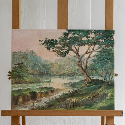 Little Oil on Board Painting of a Tree by Water