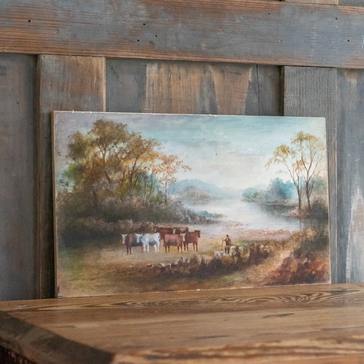Little Painting on Board on a Farmer and Their Cattle