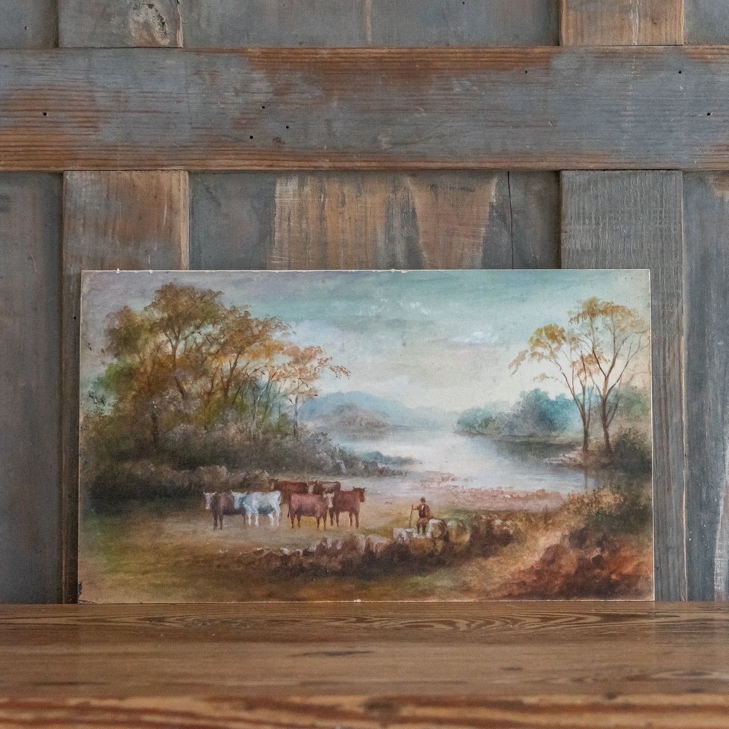 Little Painting on Board on a Farmer and Their Cattle