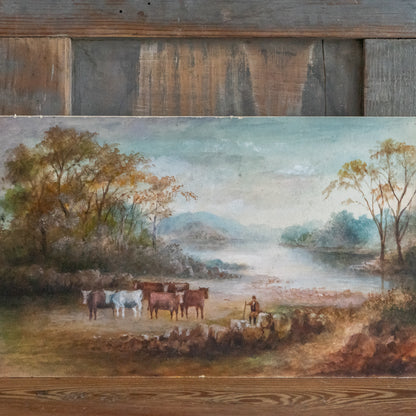 Little Painting on Board on a Farmer and Their Cattle
