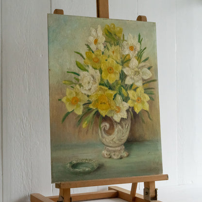 Oil on Board Painting of Daffodils in a Vase