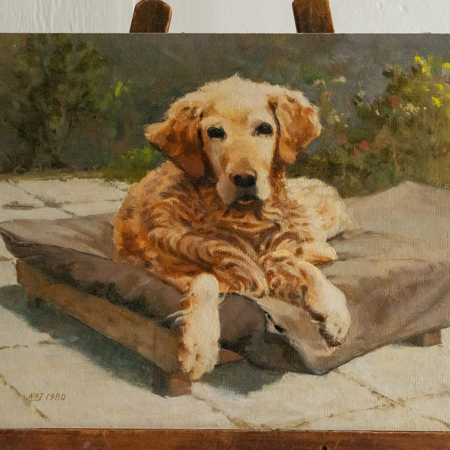 OIL ON BOARD PAINTING OF A GOLDEN RETRIEVER