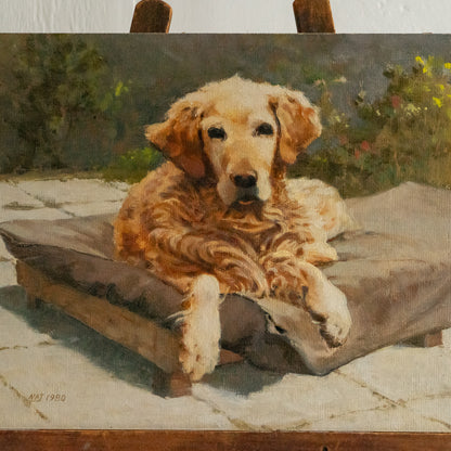 OIL ON BOARD PAINTING OF A GOLDEN RETRIEVER