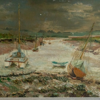 Oil on Board Painting of Boats on an Estuary