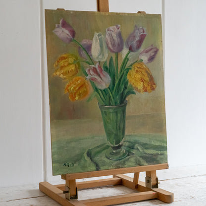 Oil on Board Painting of Tulips in a Vase