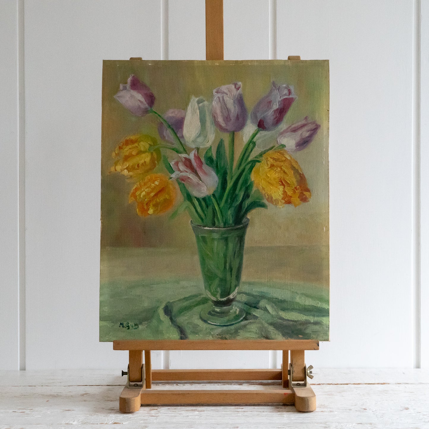 Oil on Board Painting of Tulips in a Vase