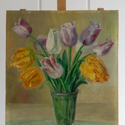 Oil on Board Painting of Tulips in a Vase