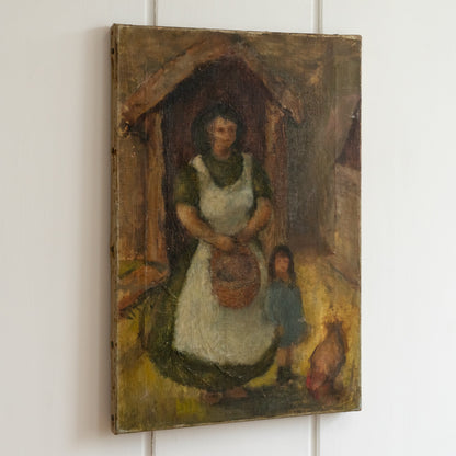 Oil Painting of a Lady child and Chicken