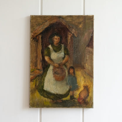 Oil Painting of a Lady child and Chicken