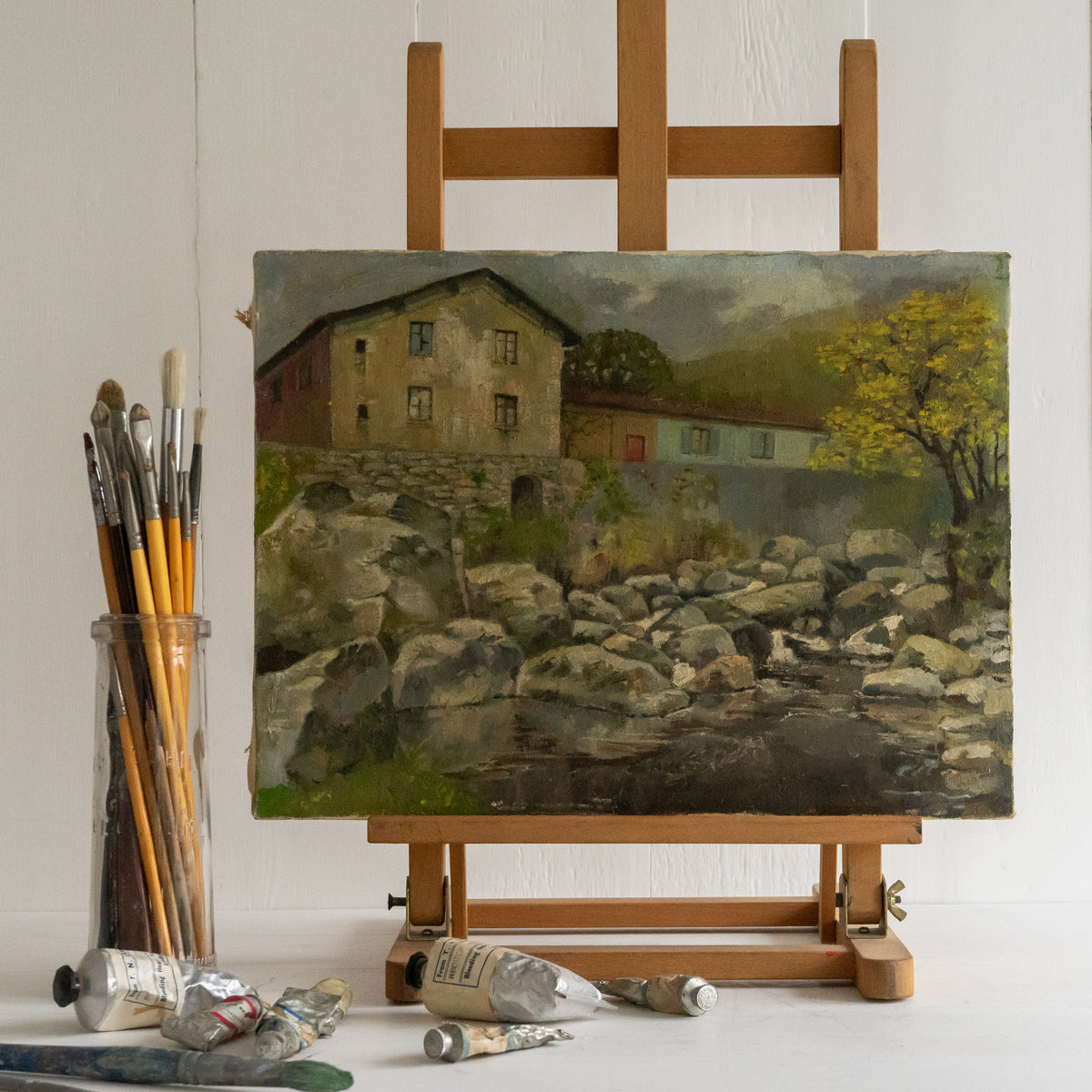 Oil Painting of a Rural River Scene