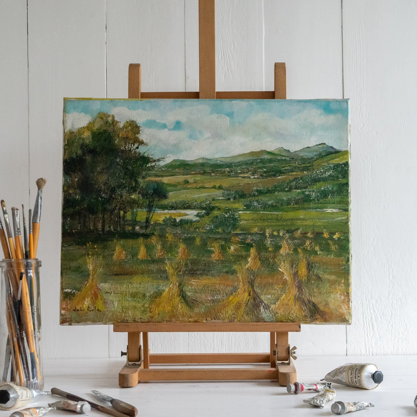 Oil Painting of Wheat and mountains