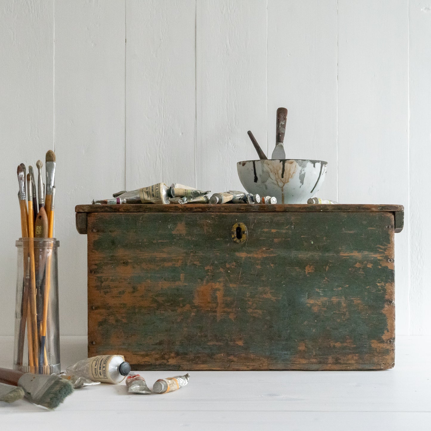 Original Green Painted Rustic Trunk