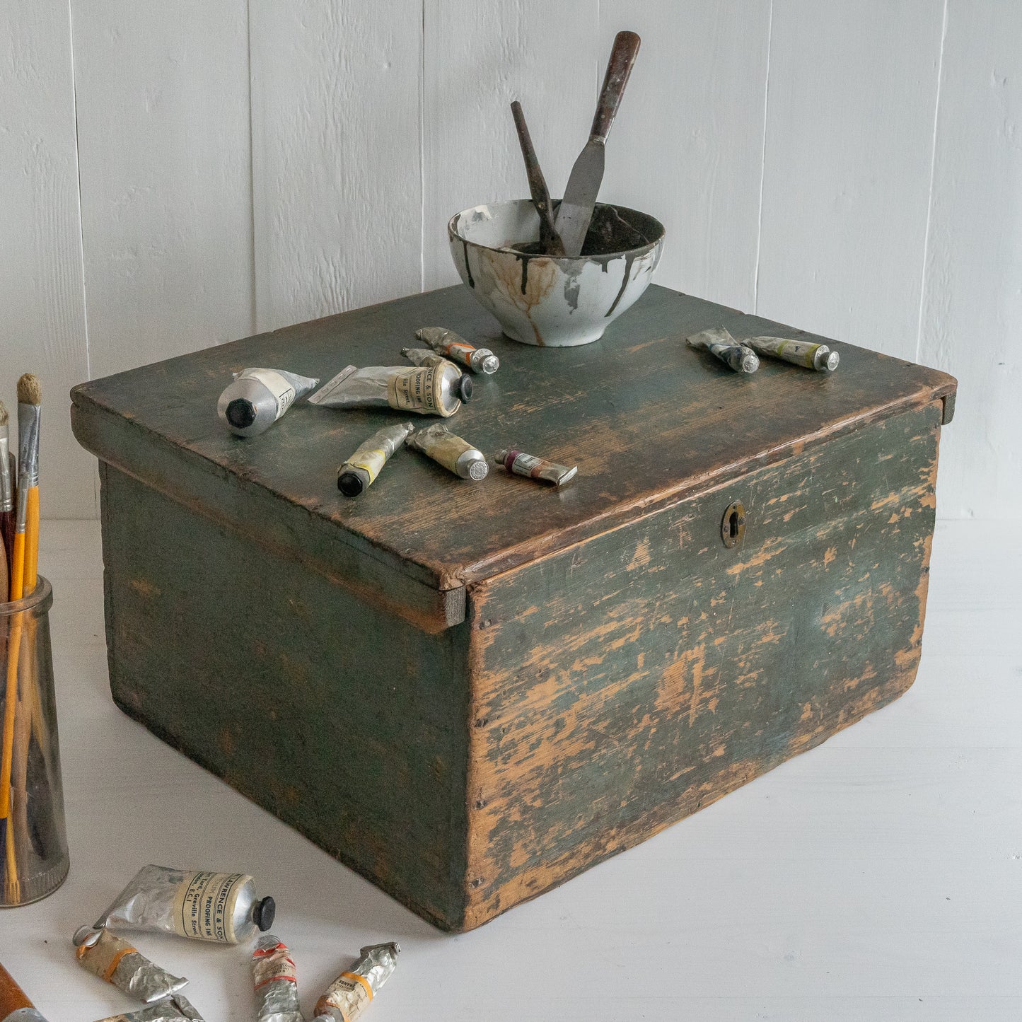 Original Green Painted Rustic Trunk