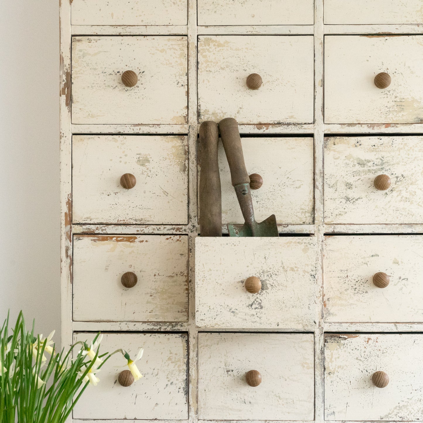 Rustic Bank of Painted Drawers