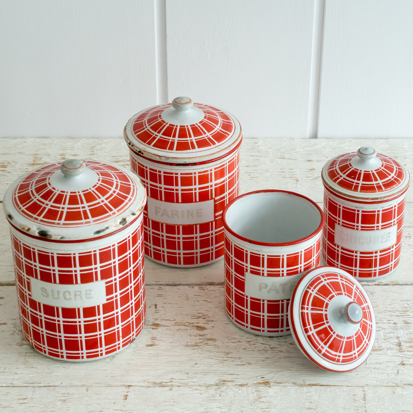 Set of 4 Red and White French Enamel Storage Tins