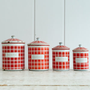 SET OF 4 RED AND WHITE FRENCH ENAMEL STORAGE TINS