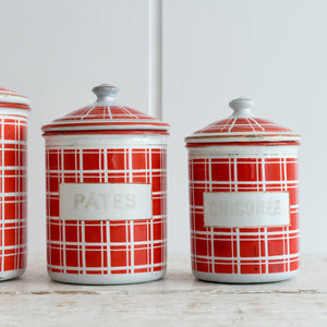 SET OF 4 RED AND WHITE FRENCH ENAMEL STORAGE TINS