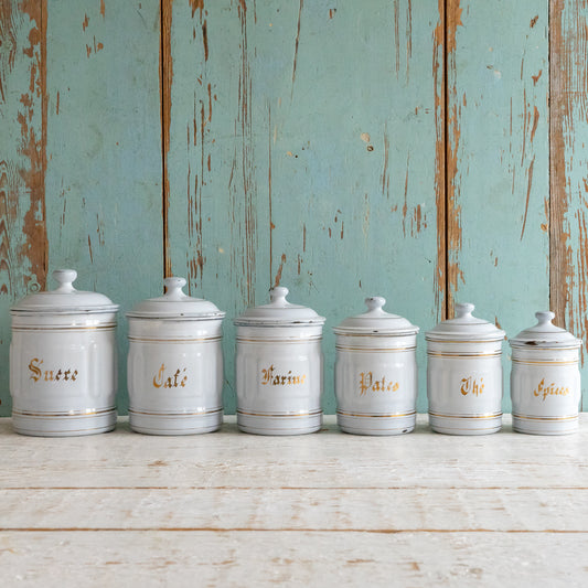 Set of 6 Vintage French Enamel Storage Tins